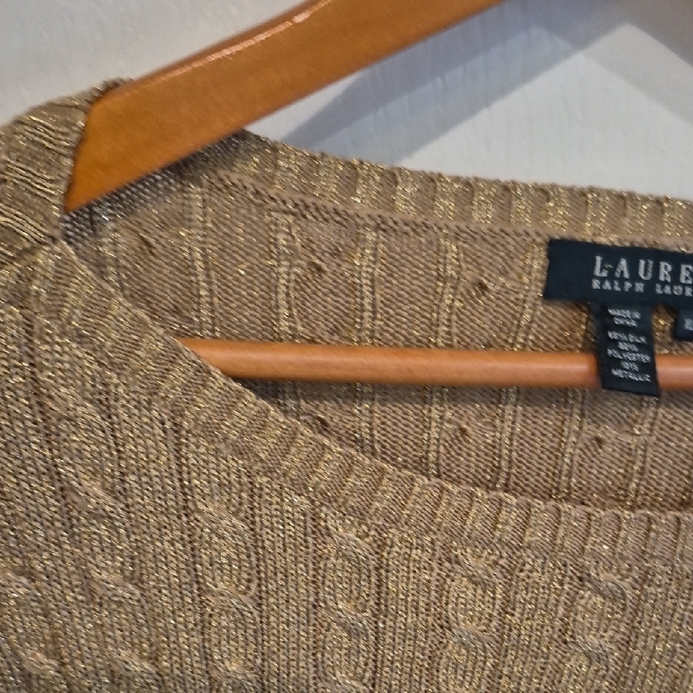 Lauren Ralph Lauren Gold Metallic Ribbed Silk Blend Crew Neck Sweater - Picture 4 of 7